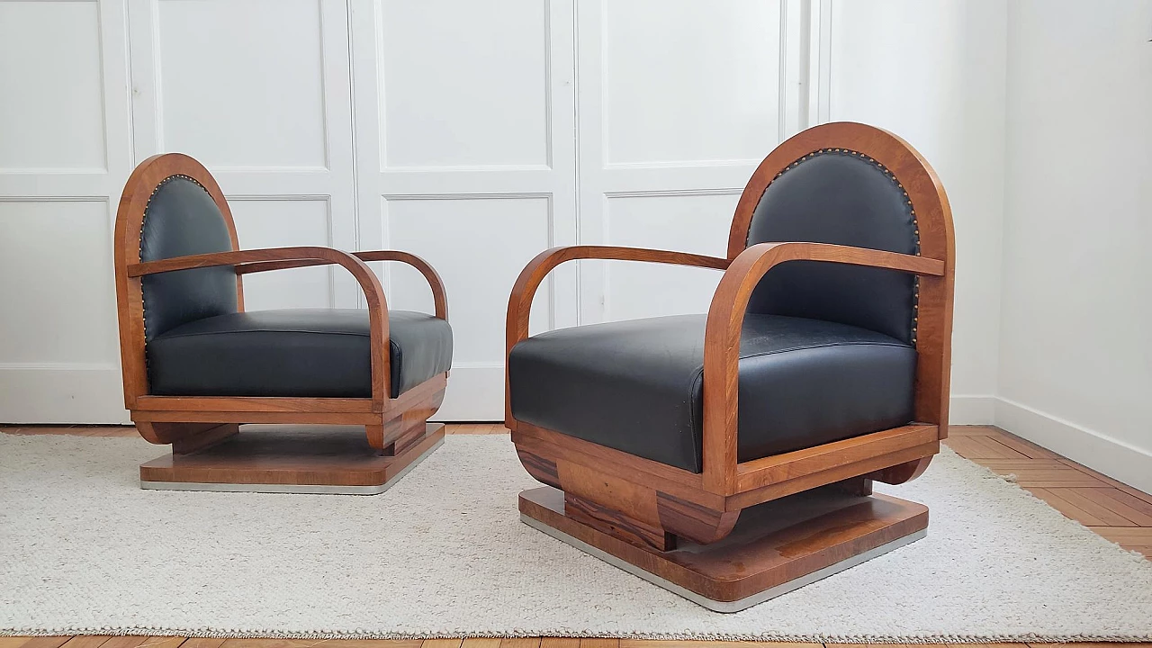 Pair of wooden and black leather armchairs, 1930s 3