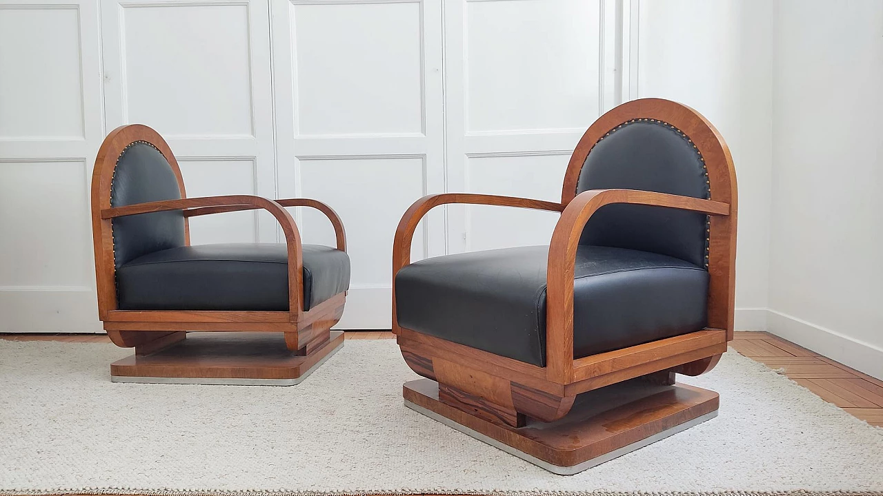 Pair of wooden and black leather armchairs, 1930s 4