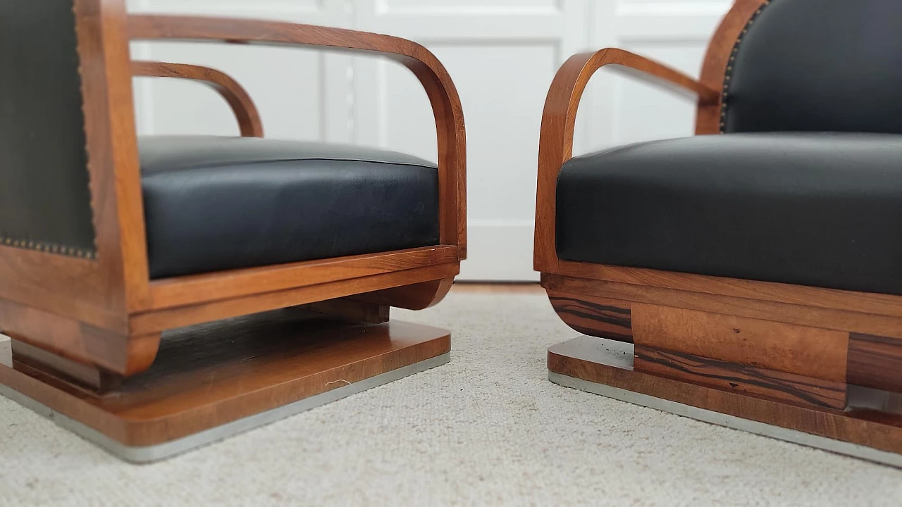 Pair of wooden and black leather armchairs, 1930s 5