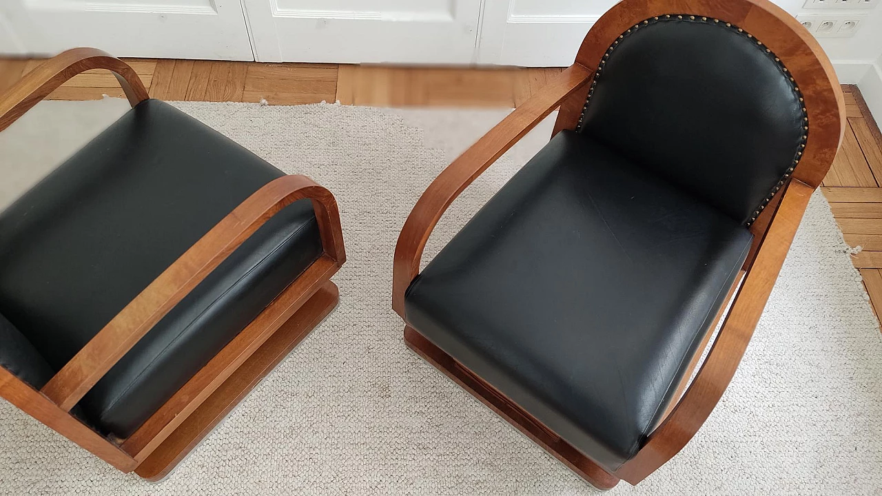 Pair of wooden and black leather armchairs, 1930s 6