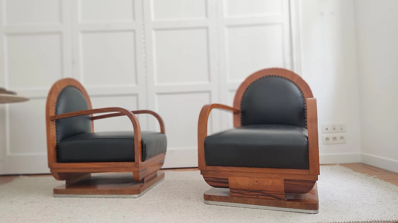 Pair of wooden and black leather armchairs, 1930s 8