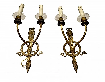 Pair of bronze sconces with glass bobeches, 1920s