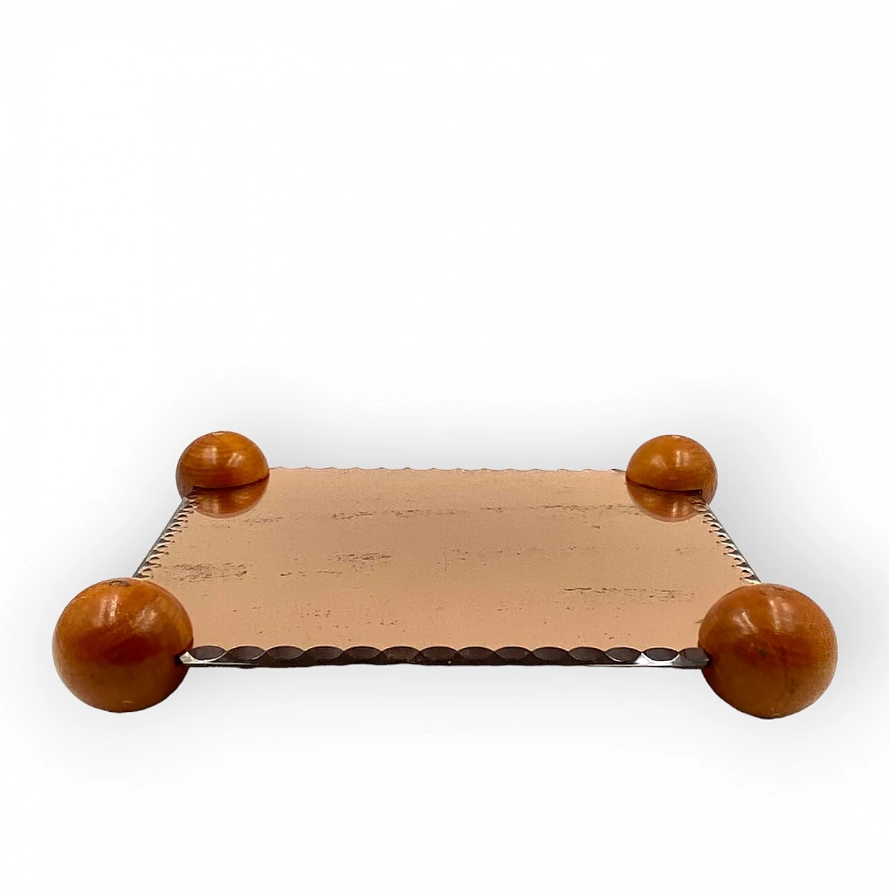 Pink mirrored tray with wooden spheres at the corners, 1950s 3