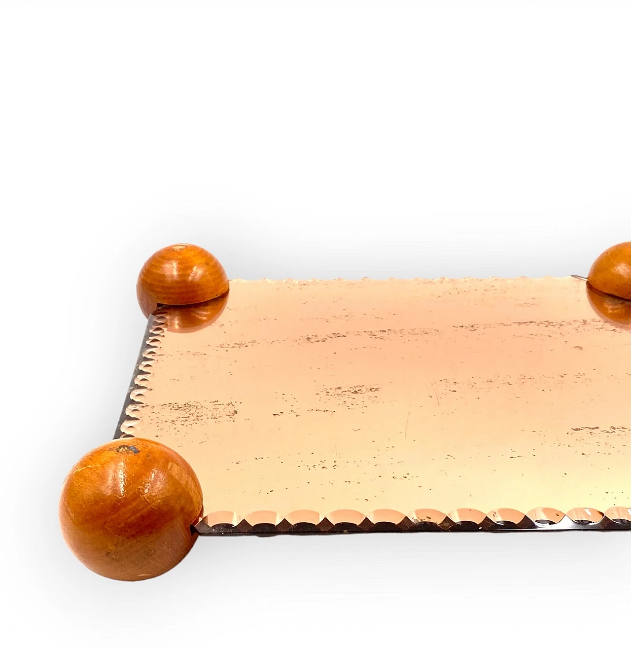 Pink mirrored tray with wooden spheres at the corners, 1950s 4