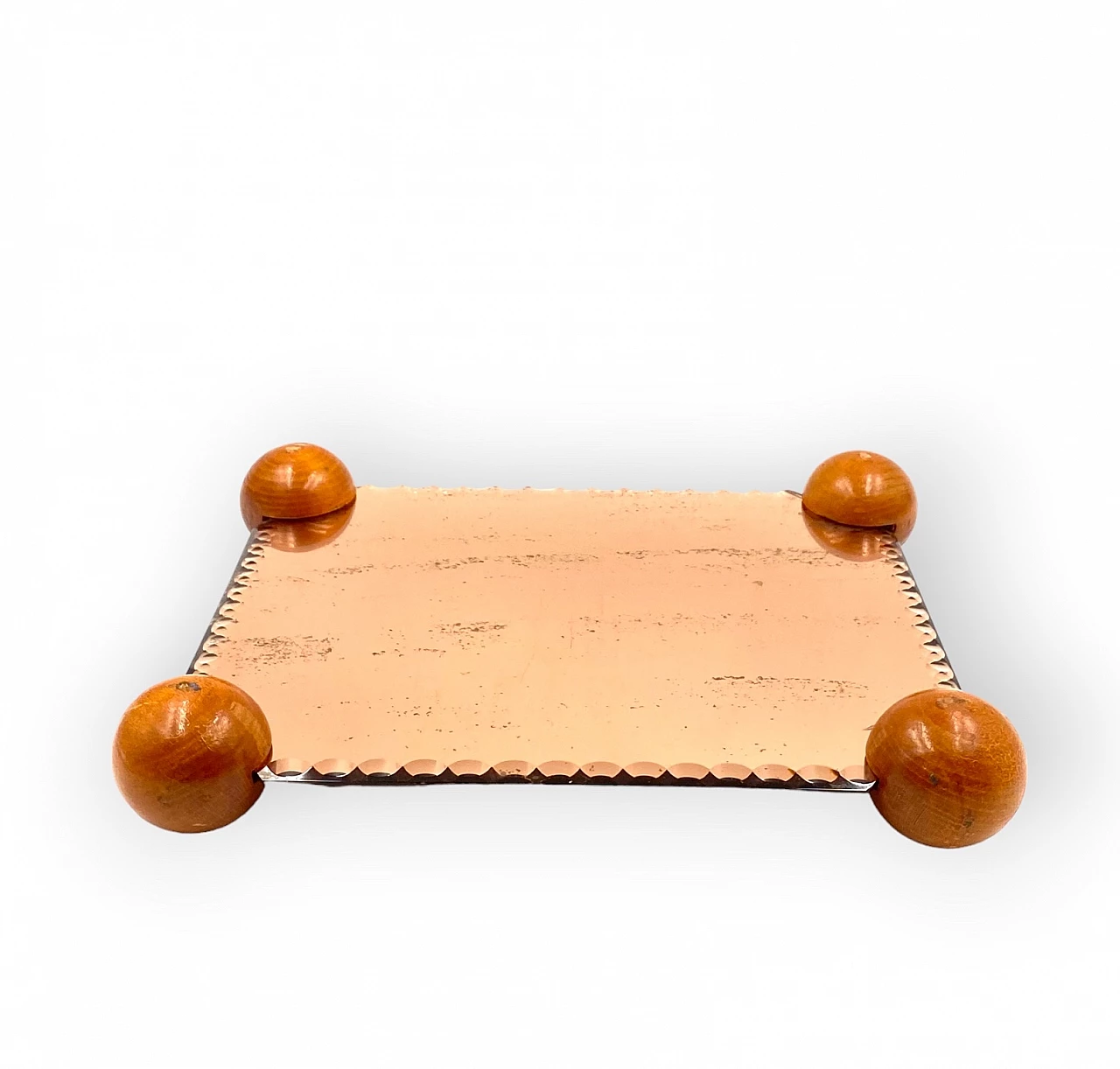 Pink mirrored tray with wooden spheres at the corners, 1950s 9