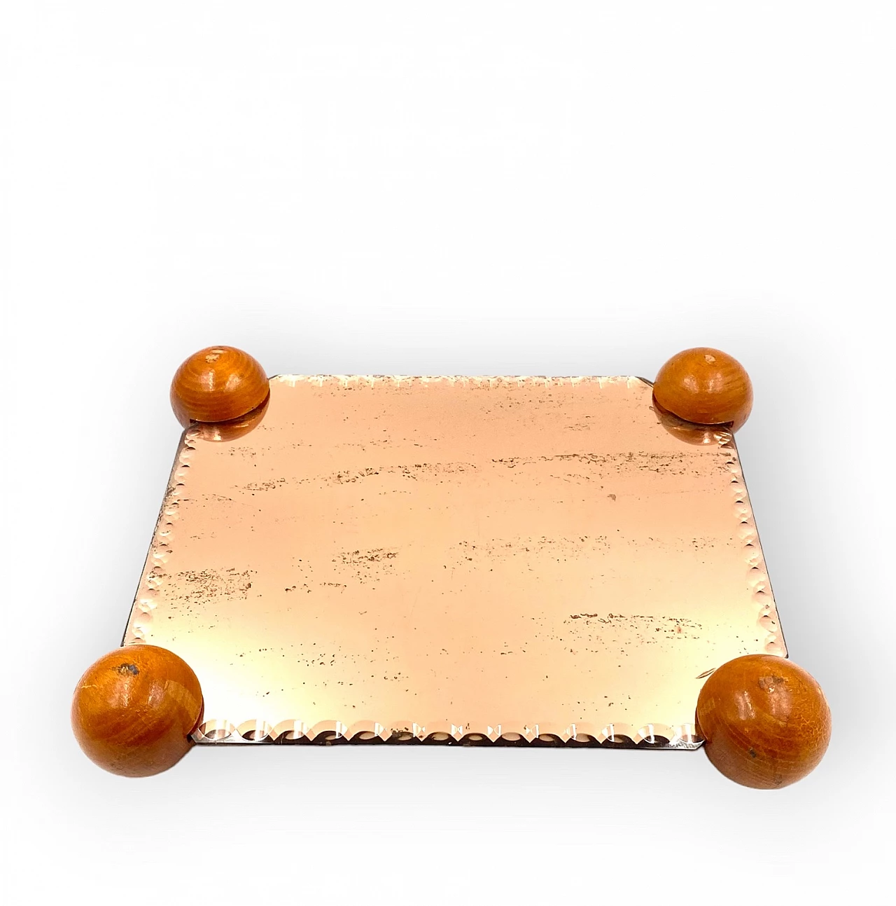 Pink mirrored tray with wooden spheres at the corners, 1950s 10