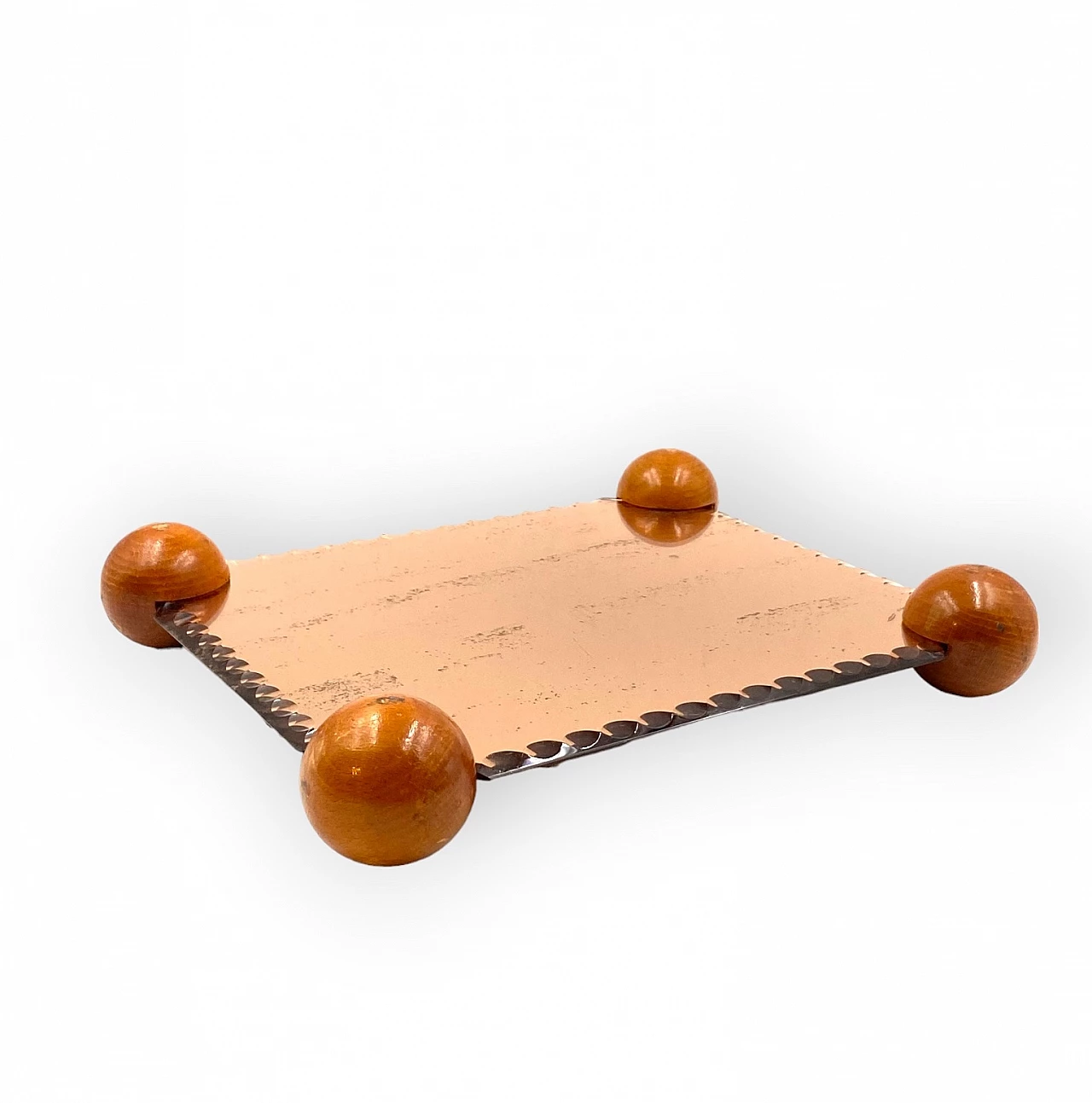 Pink mirrored tray with wooden spheres at the corners, 1950s 11