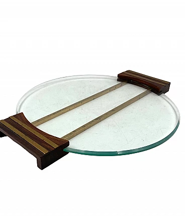 Glass and brass tray with wooden handles, 1930s