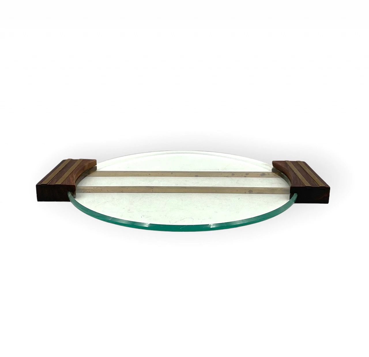 Glass and brass tray with wooden handles, 1930s 2
