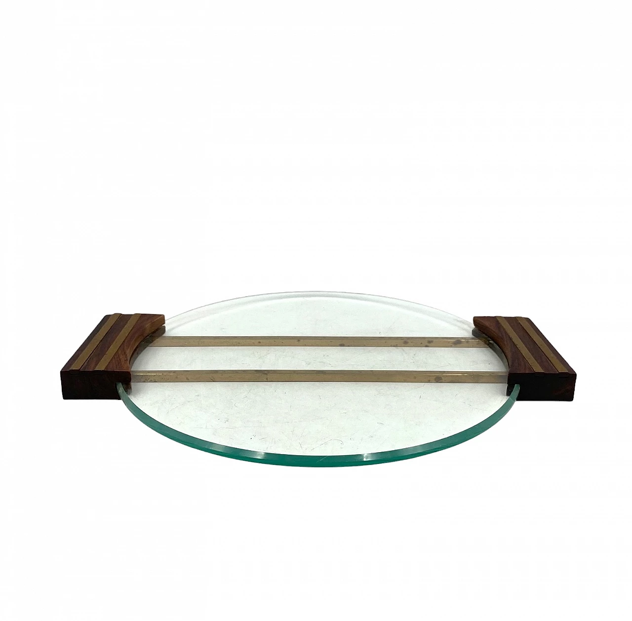 Glass and brass tray with wooden handles, 1930s 3
