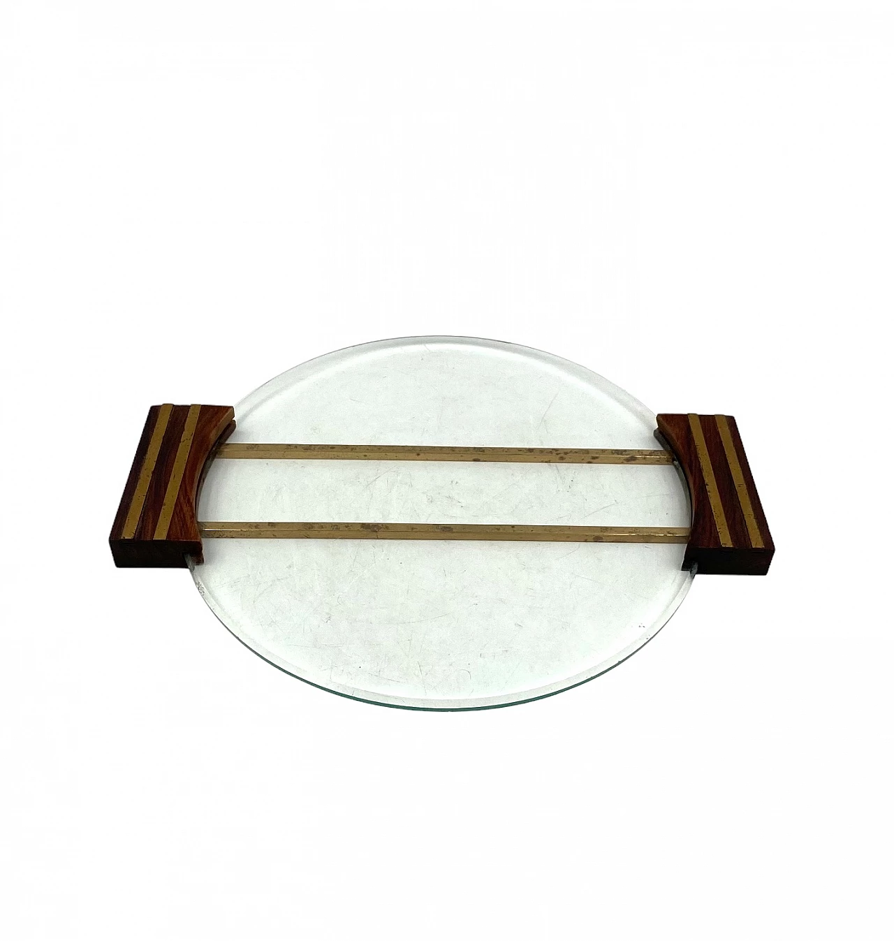Glass and brass tray with wooden handles, 1930s 4