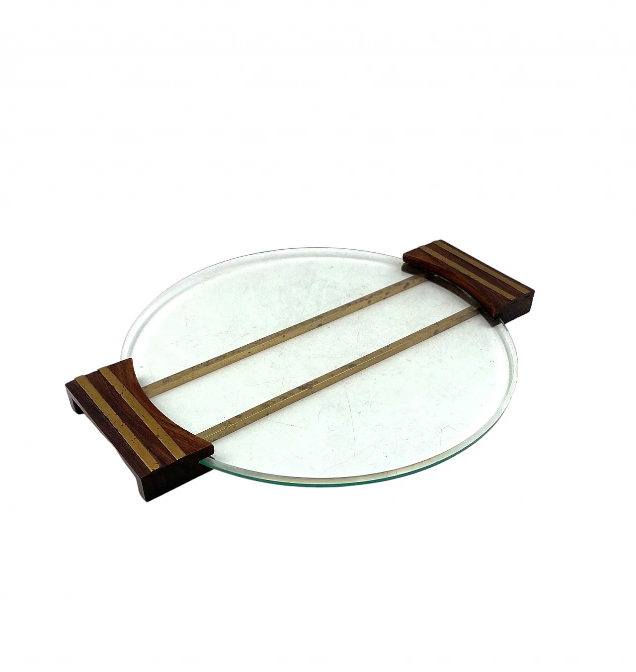 Glass and brass tray with wooden handles, 1930s 5