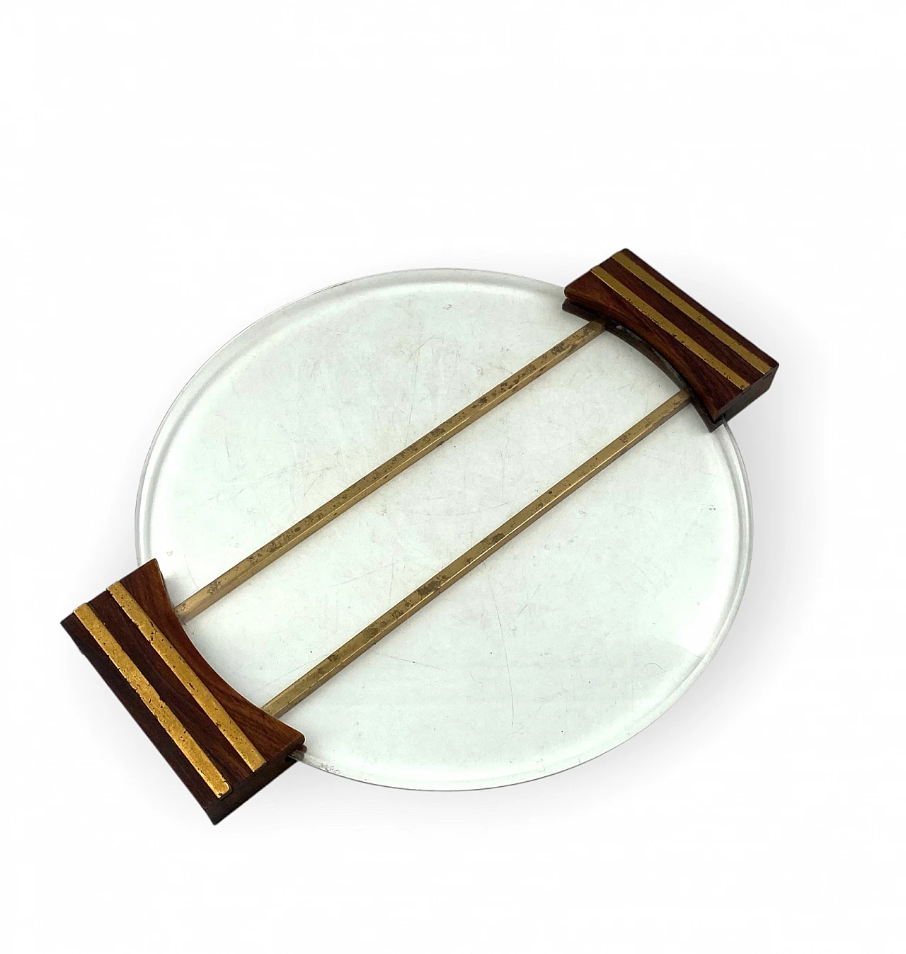 Glass and brass tray with wooden handles, 1930s 6