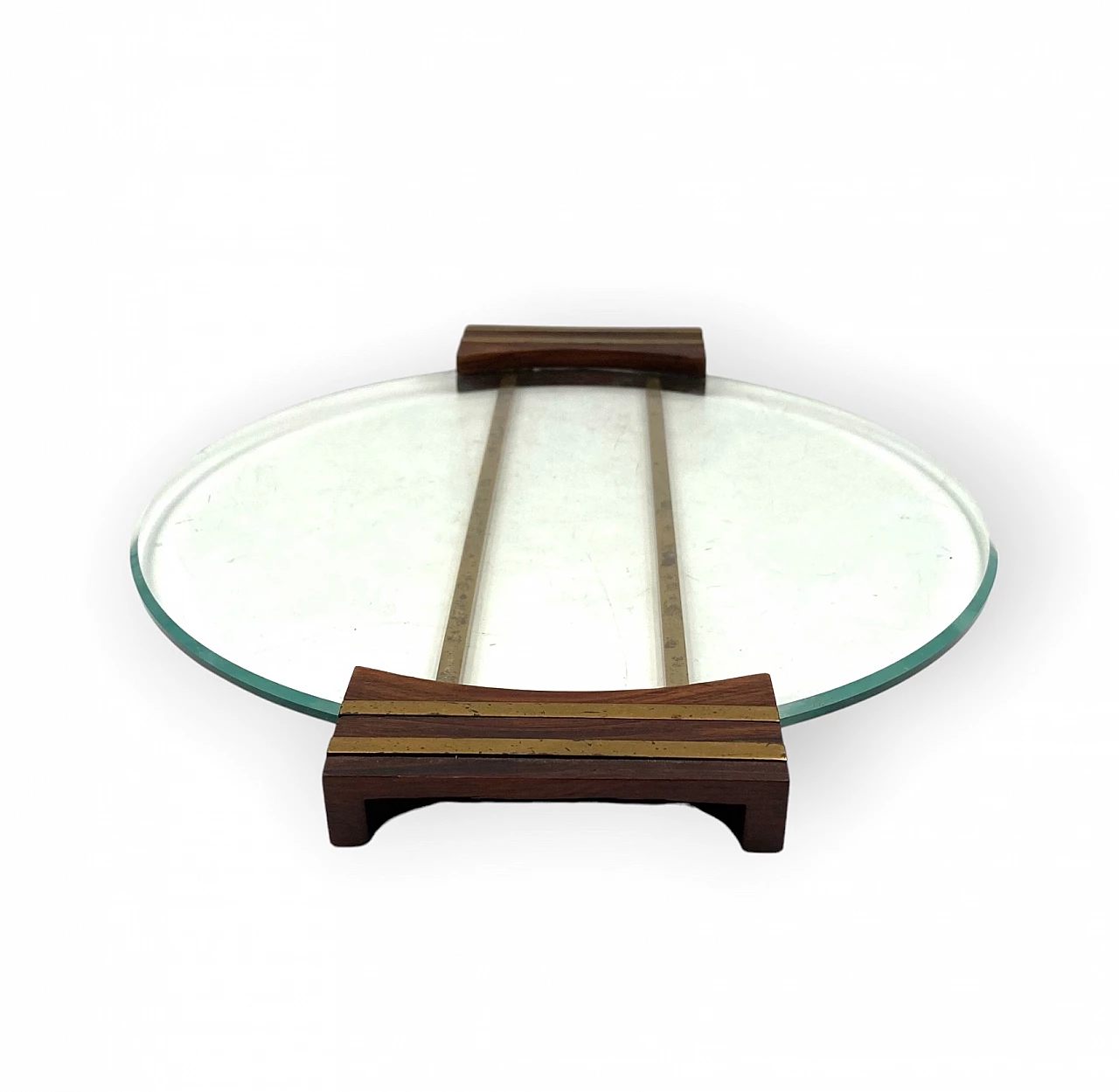 Glass and brass tray with wooden handles, 1930s 8