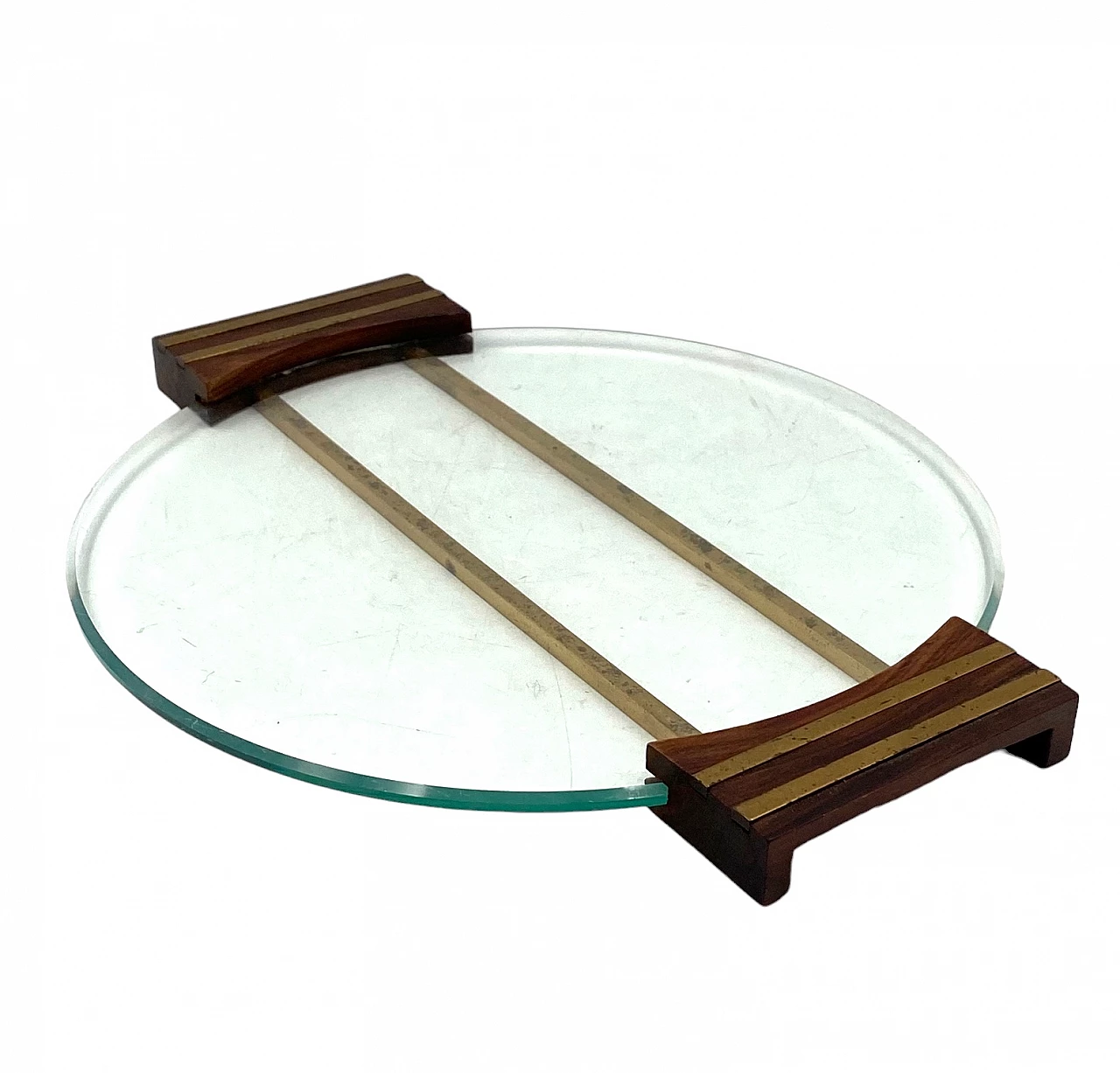 Glass and brass tray with wooden handles, 1930s 9