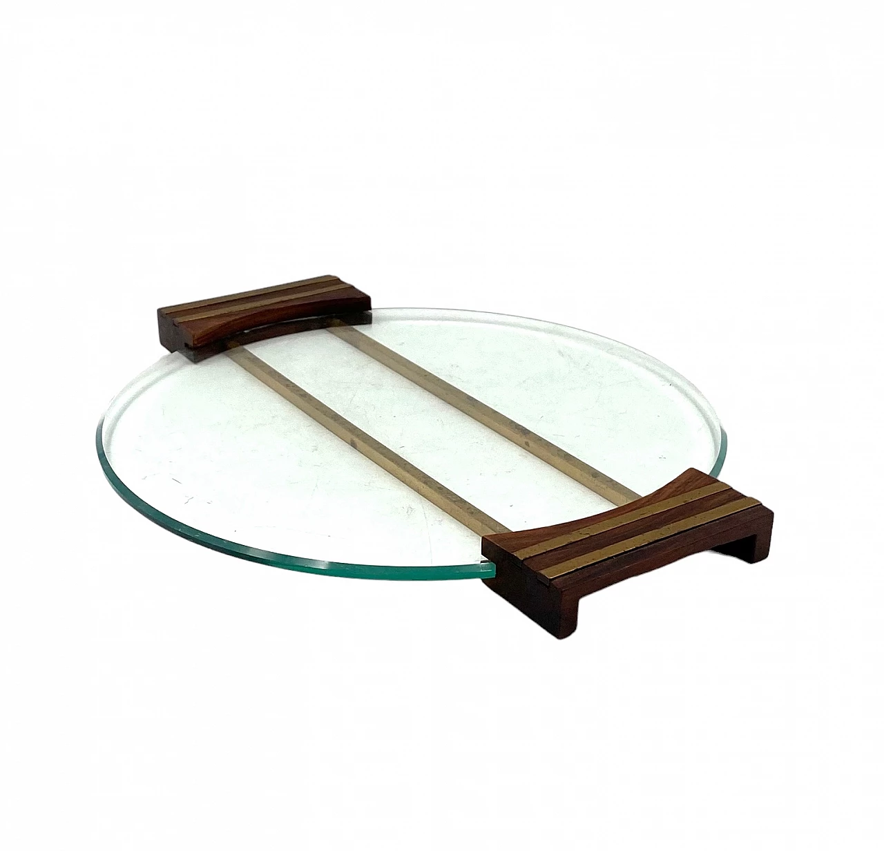 Glass and brass tray with wooden handles, 1930s 10