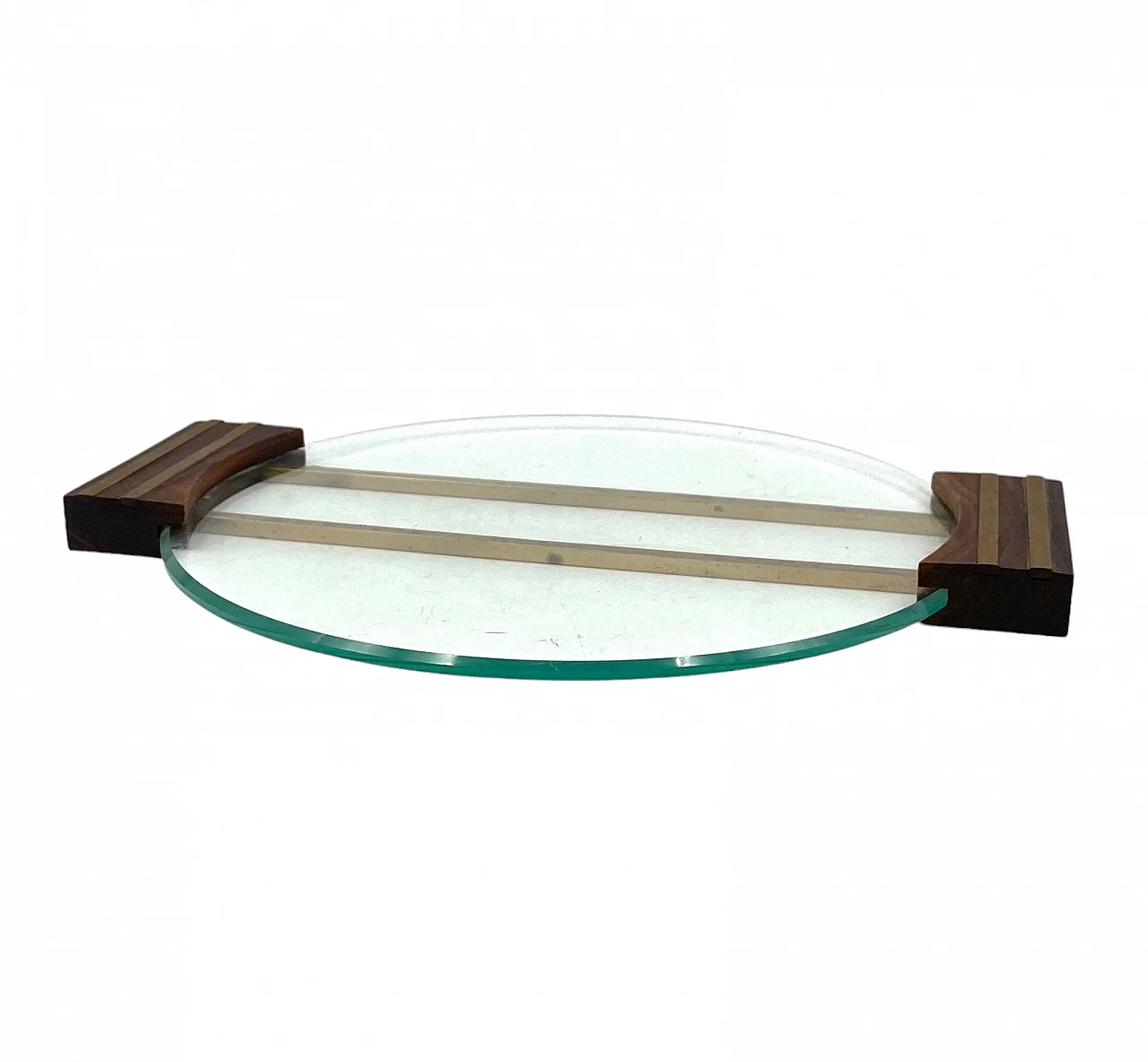 Glass and brass tray with wooden handles, 1930s 11
