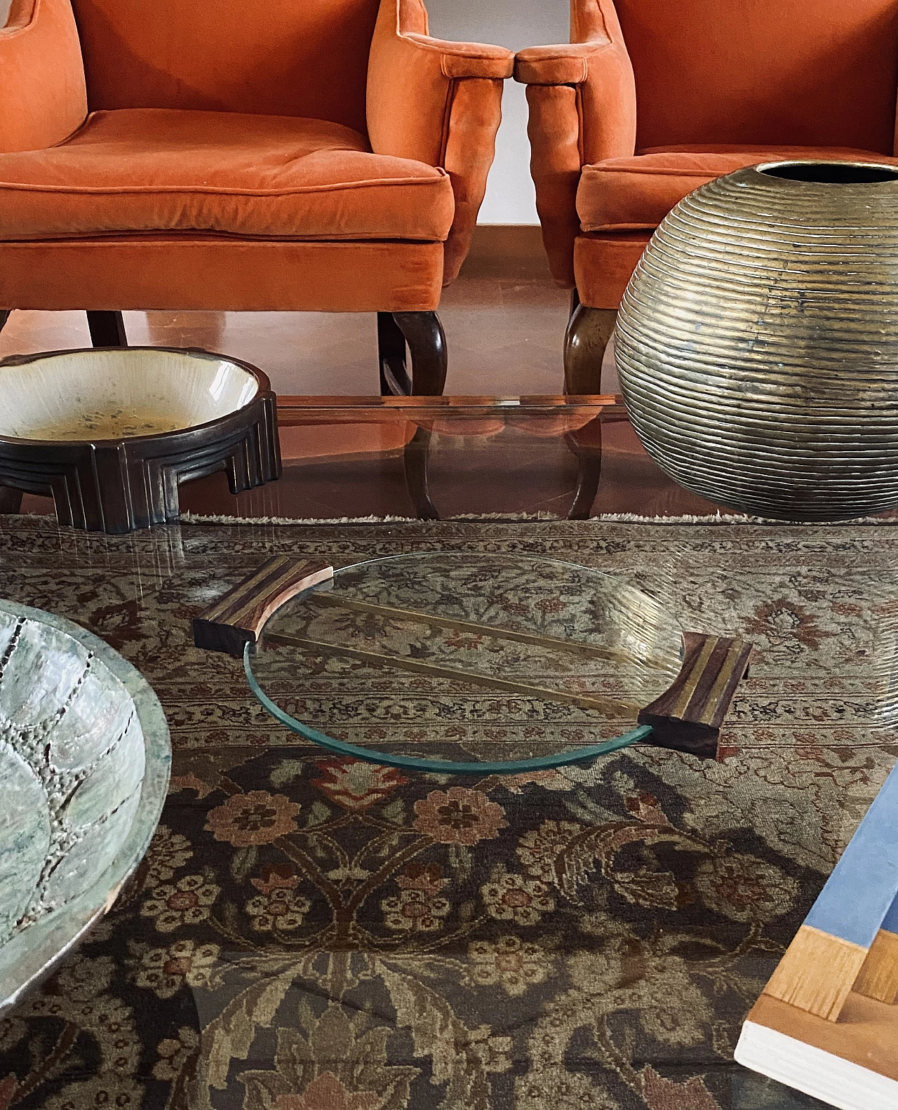 Glass and brass tray with wooden handles, 1930s 14