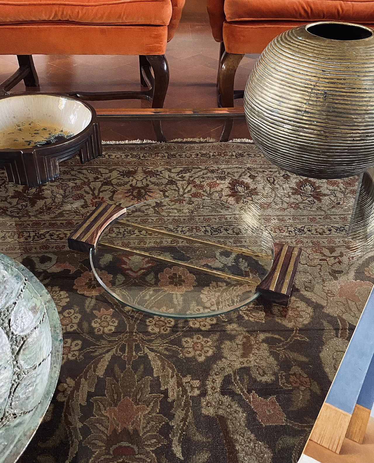Glass and brass tray with wooden handles, 1930s 15