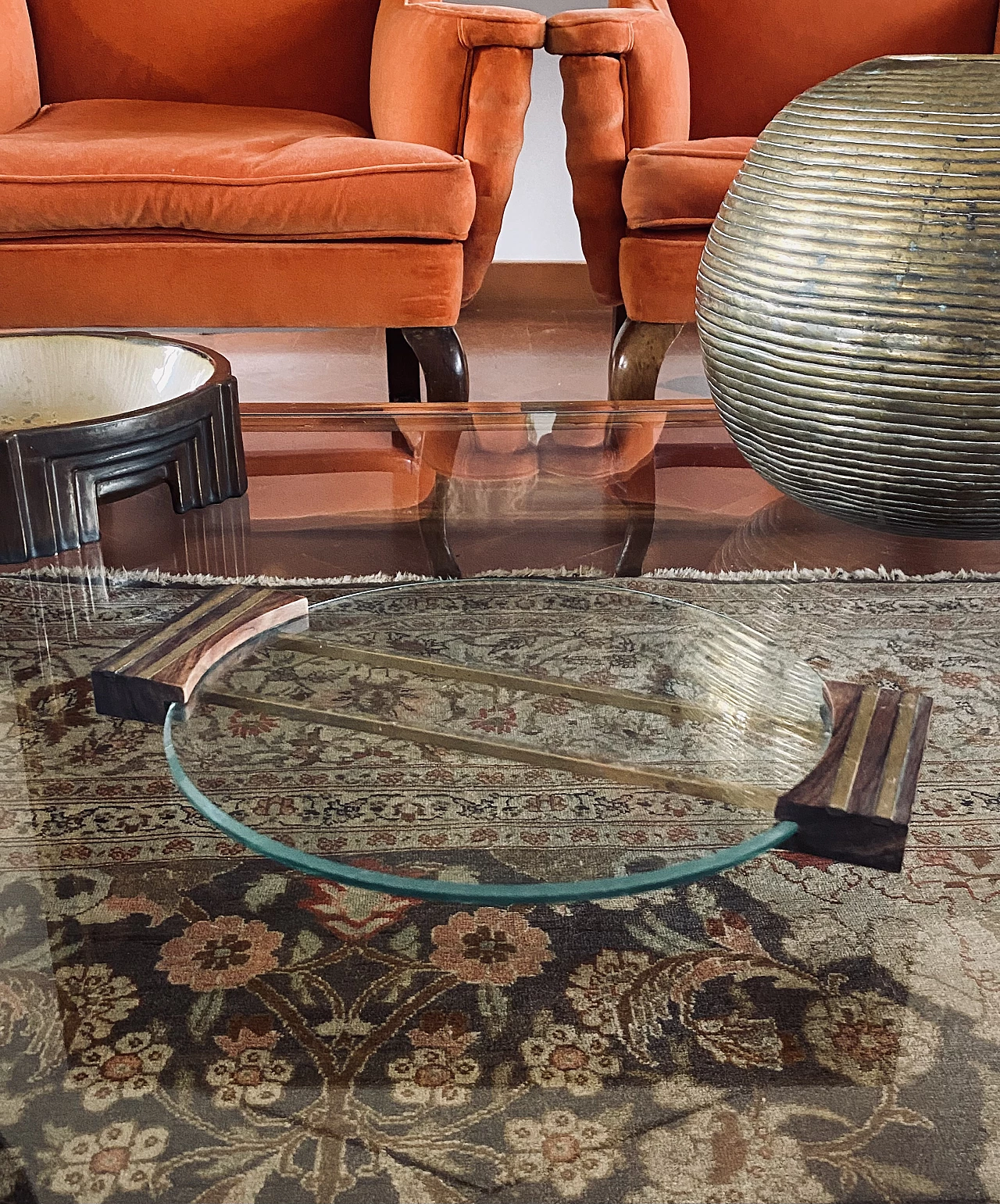 Glass and brass tray with wooden handles, 1930s 16