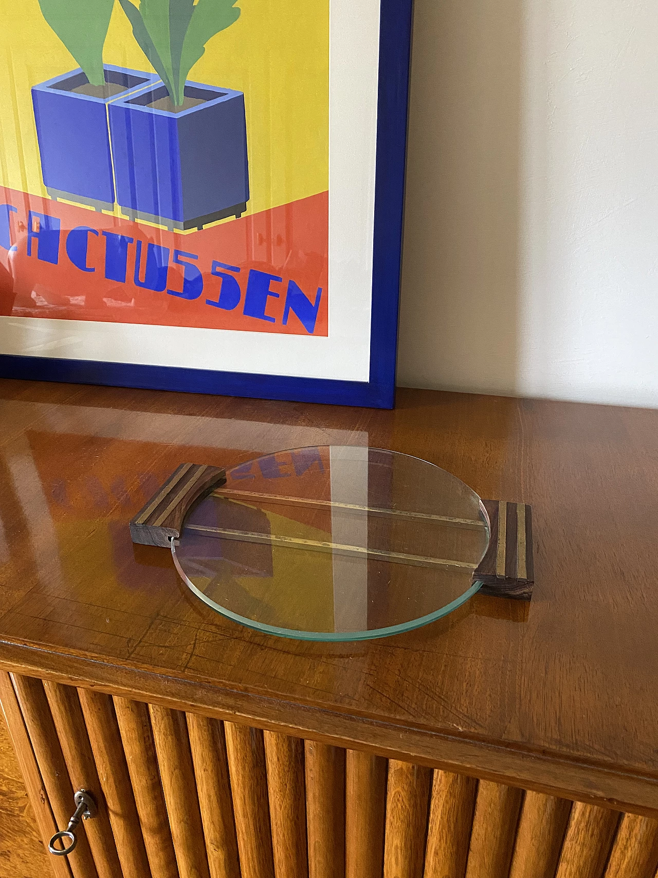 Glass and brass tray with wooden handles, 1930s 18