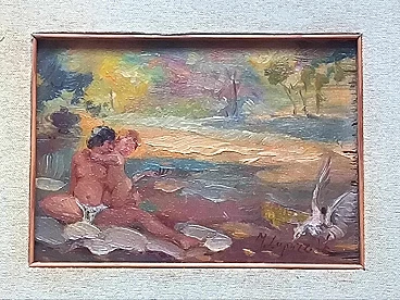 M. Capuzzo, Donna indigena con bimbo, olio su tavola, anni '50