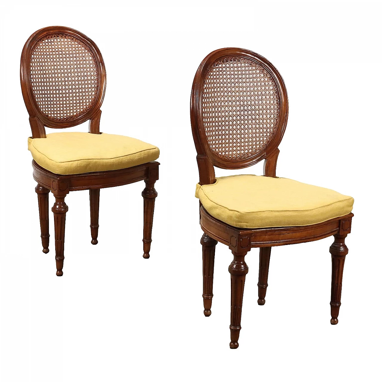 Pair of walnut and cane chairs with removable cushions, 18th century 1