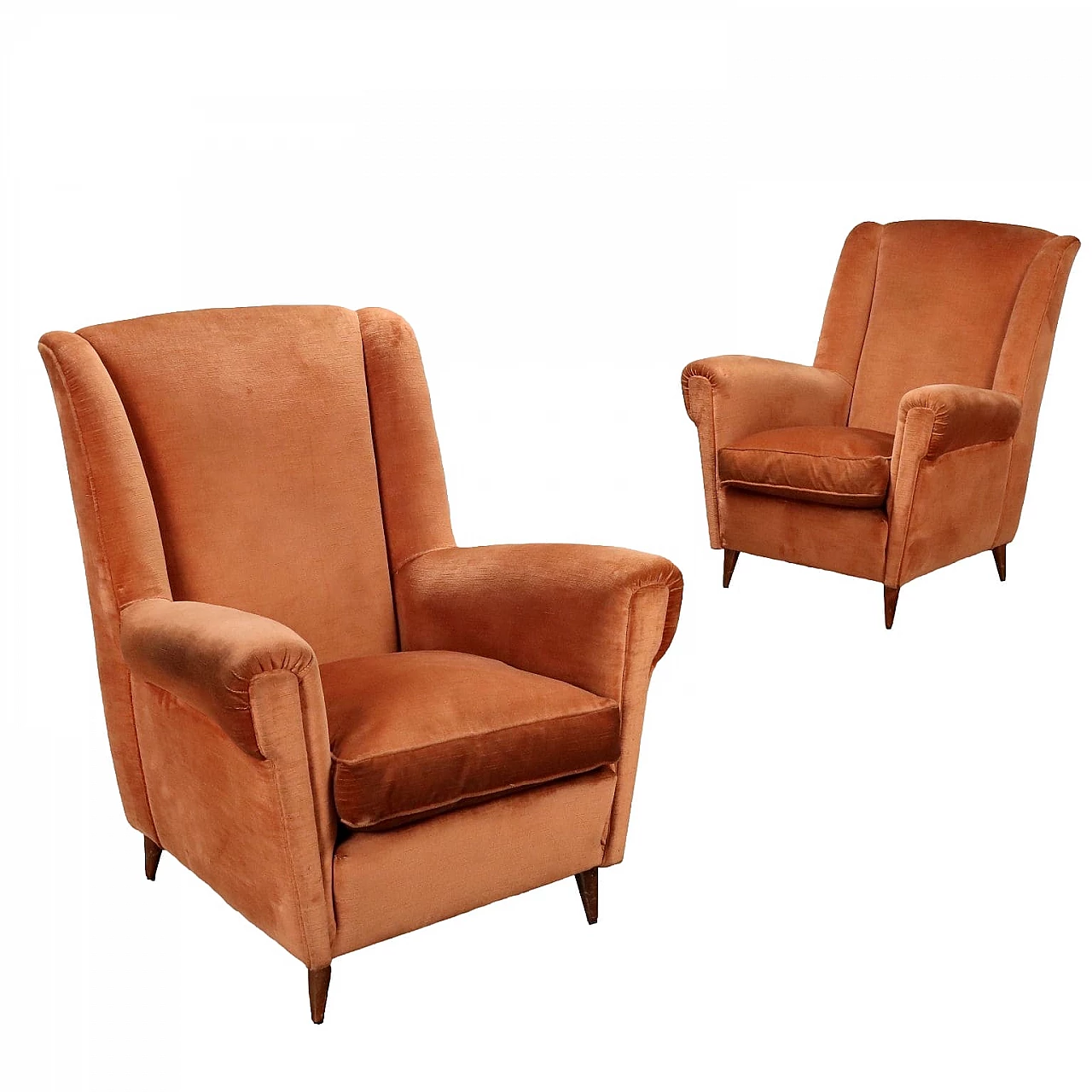 Pair of armchairs with salmon velvet upholstery, 1950s 1