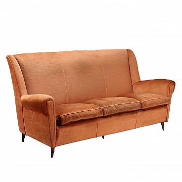 3-Seater sofa with salmon velvet upholstery, 1950s