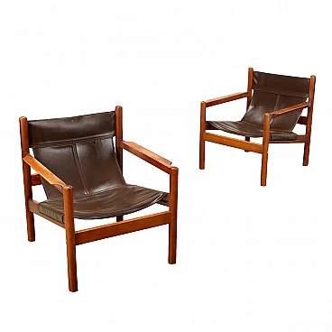 Pair of beech and brown leather armchairs, 1960s