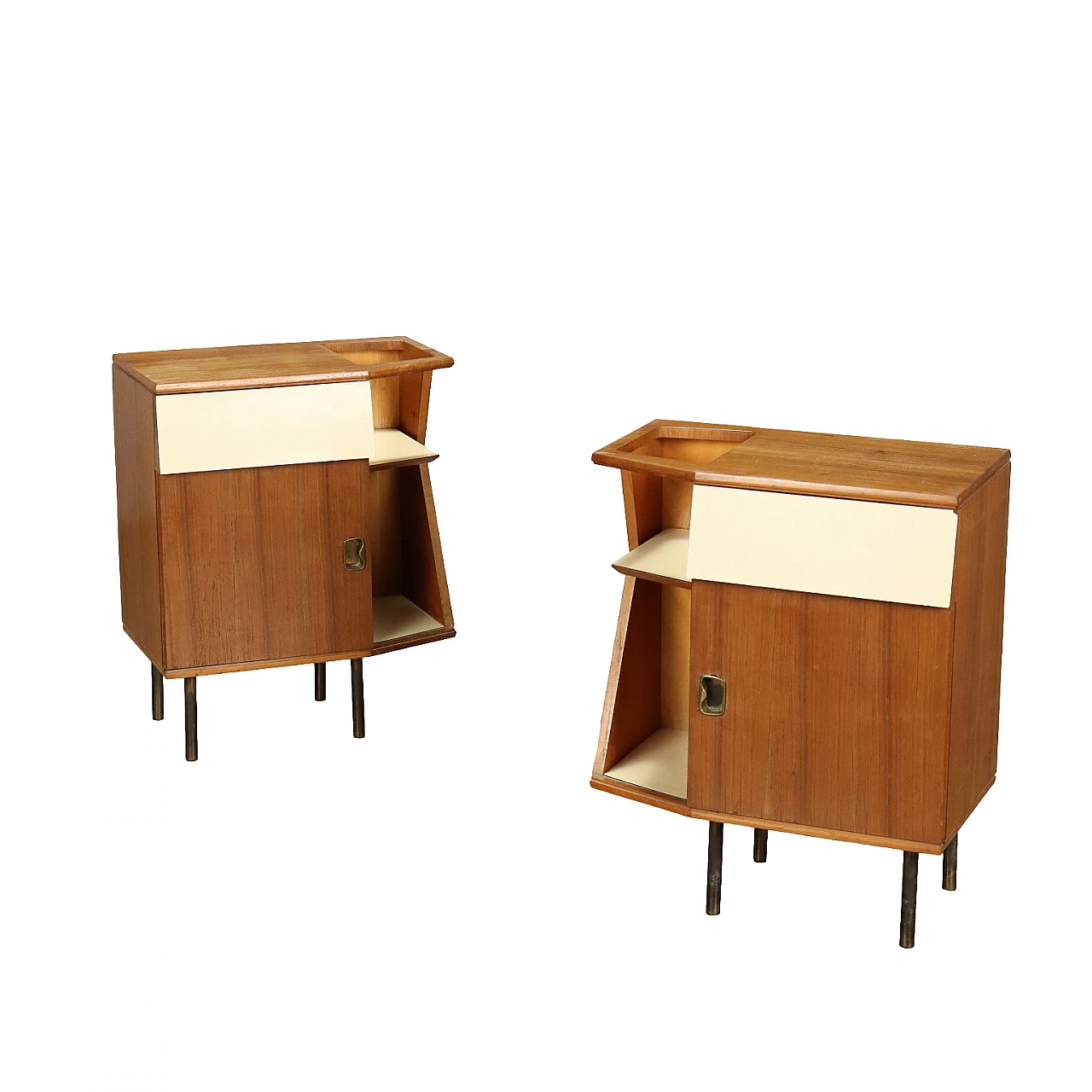Pair of walnut veneered wood, formica and metal bedside tables, 1960s 1