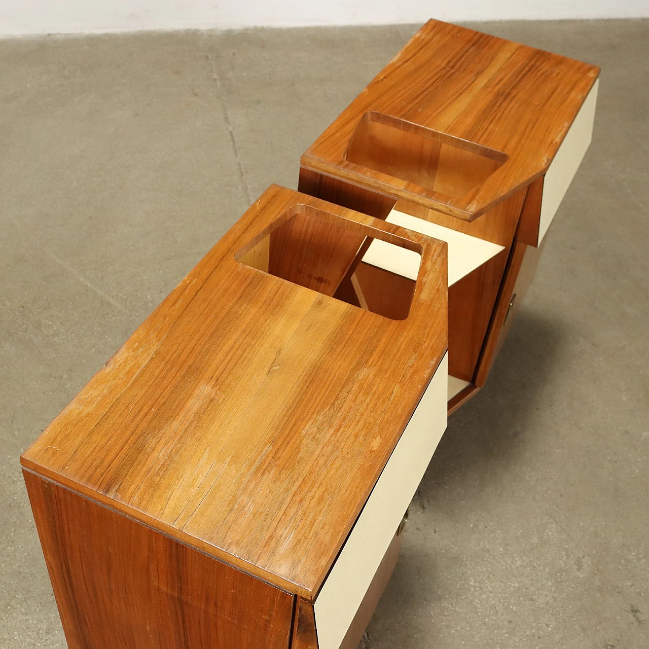 Pair of walnut veneered wood, formica and metal bedside tables, 1960s 3