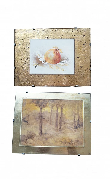Nature, pair of watercolor and gold leaf prints, 1970s