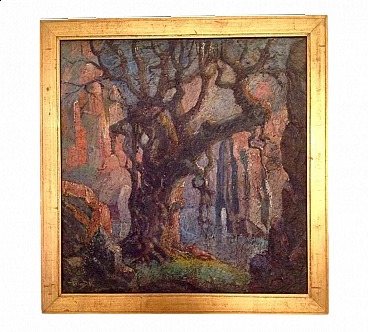 Albero e nudo femminile, dipinto a olio su tela, anni '30