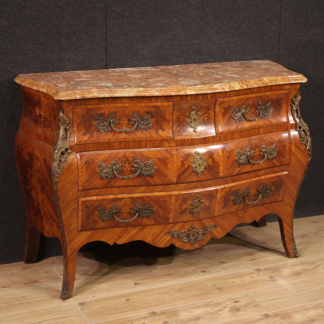 Inlaid wood and marble chest of drawers in Louis XV style, 1960s 1