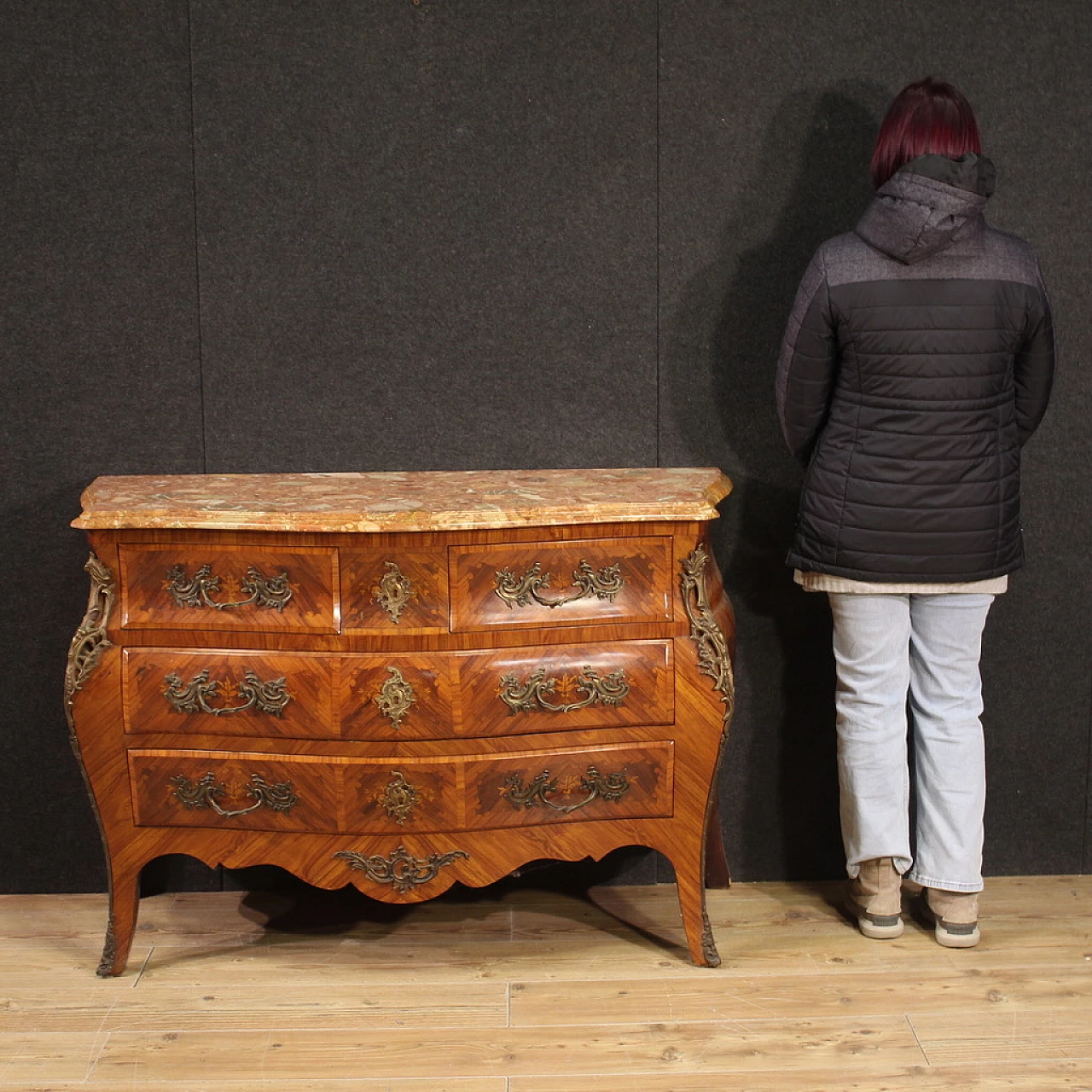 Inlaid wood and marble chest of drawers in Louis XV style, 1960s 2