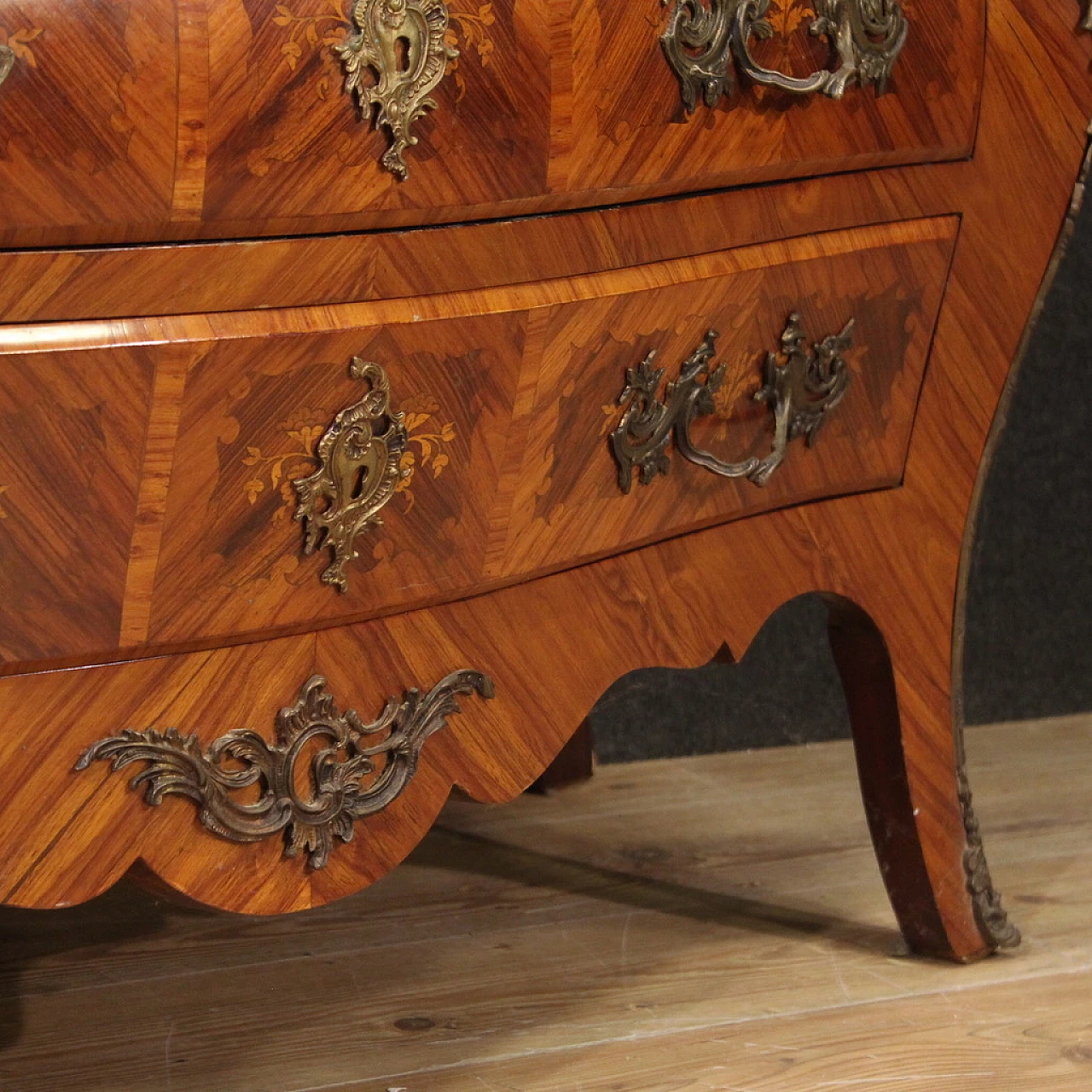 Inlaid wood and marble chest of drawers in Louis XV style, 1960s 4