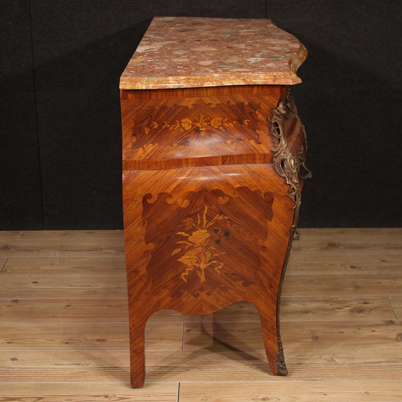 Inlaid wood and marble chest of drawers in Louis XV style, 1960s 5