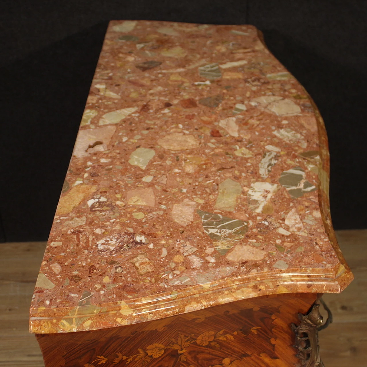 Inlaid wood and marble chest of drawers in Louis XV style, 1960s 6