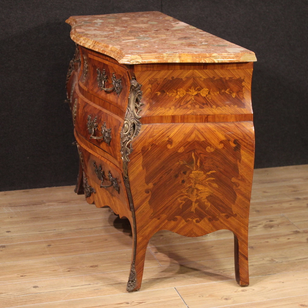 Inlaid wood and marble chest of drawers in Louis XV style, 1960s 8