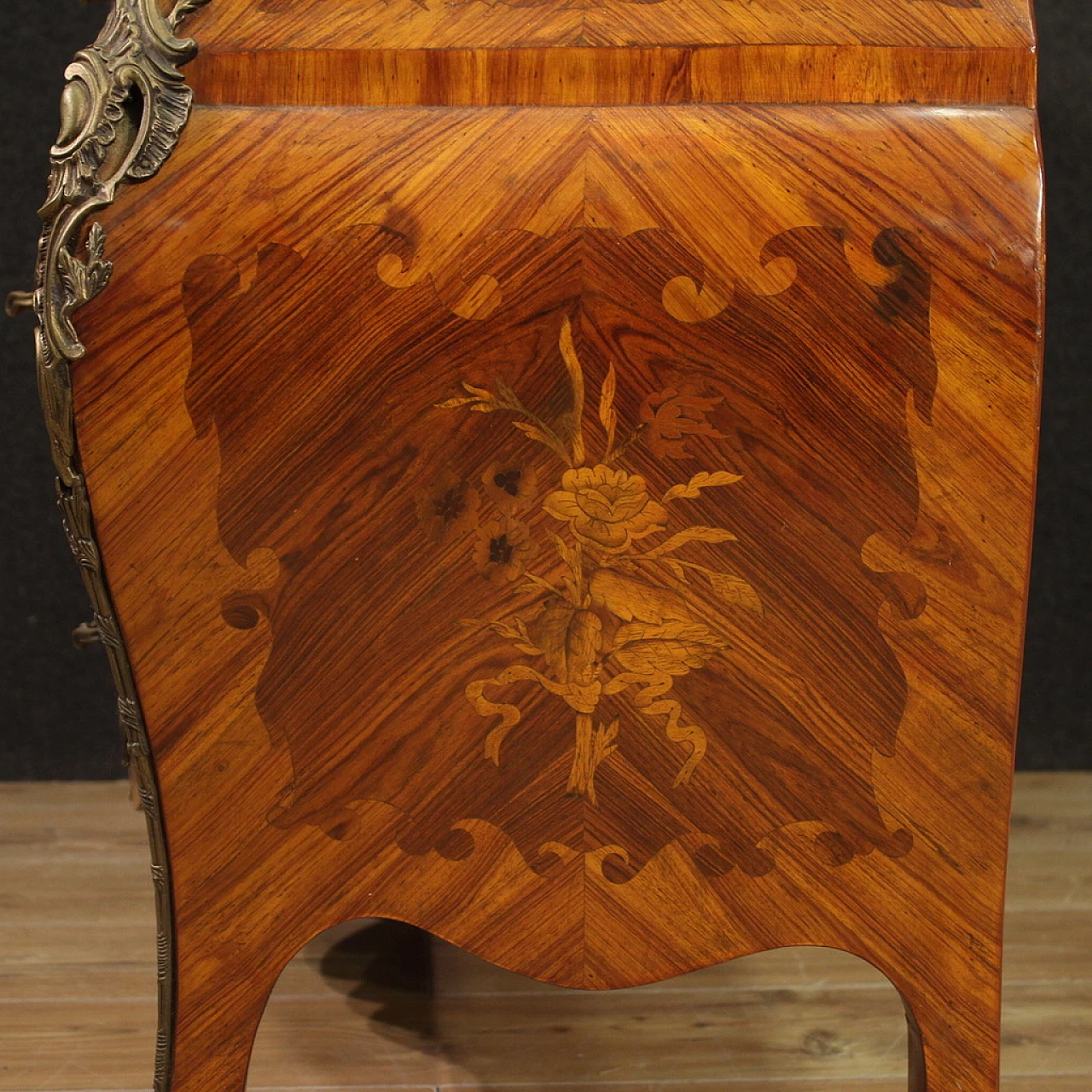 Inlaid wood and marble chest of drawers in Louis XV style, 1960s 9