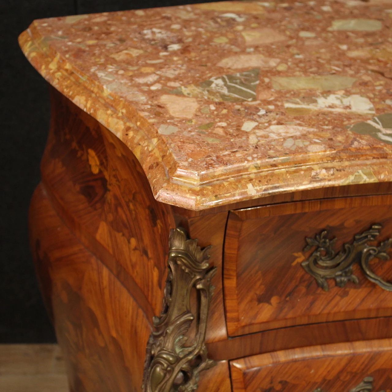 Inlaid wood and marble chest of drawers in Louis XV style, 1960s 10