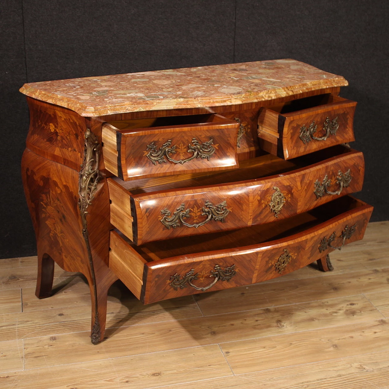 Inlaid wood and marble chest of drawers in Louis XV style, 1960s 11