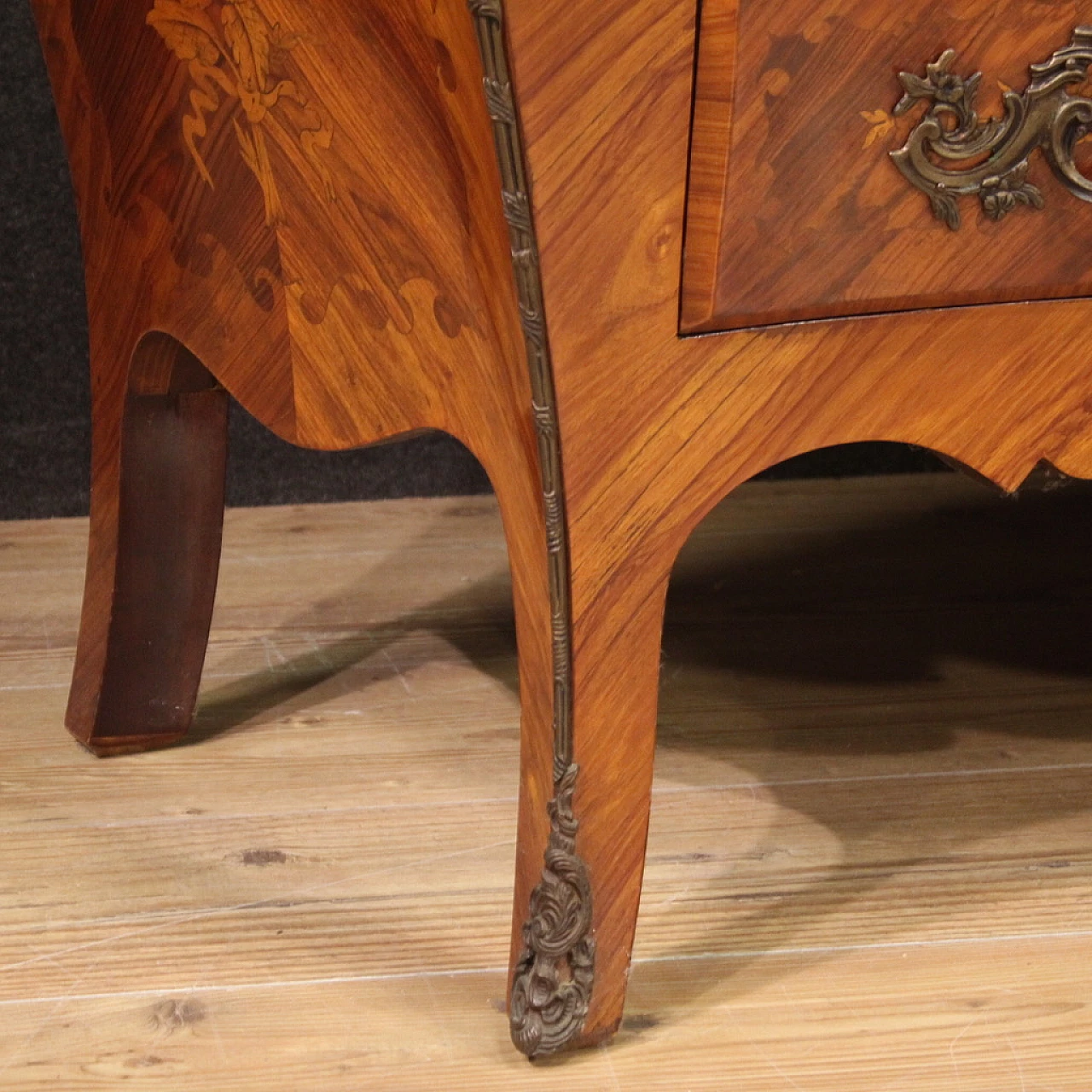 Inlaid wood and marble chest of drawers in Louis XV style, 1960s 12