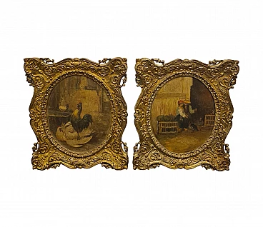 Pair of paintings of peasant life, oil on wood, late 19th century