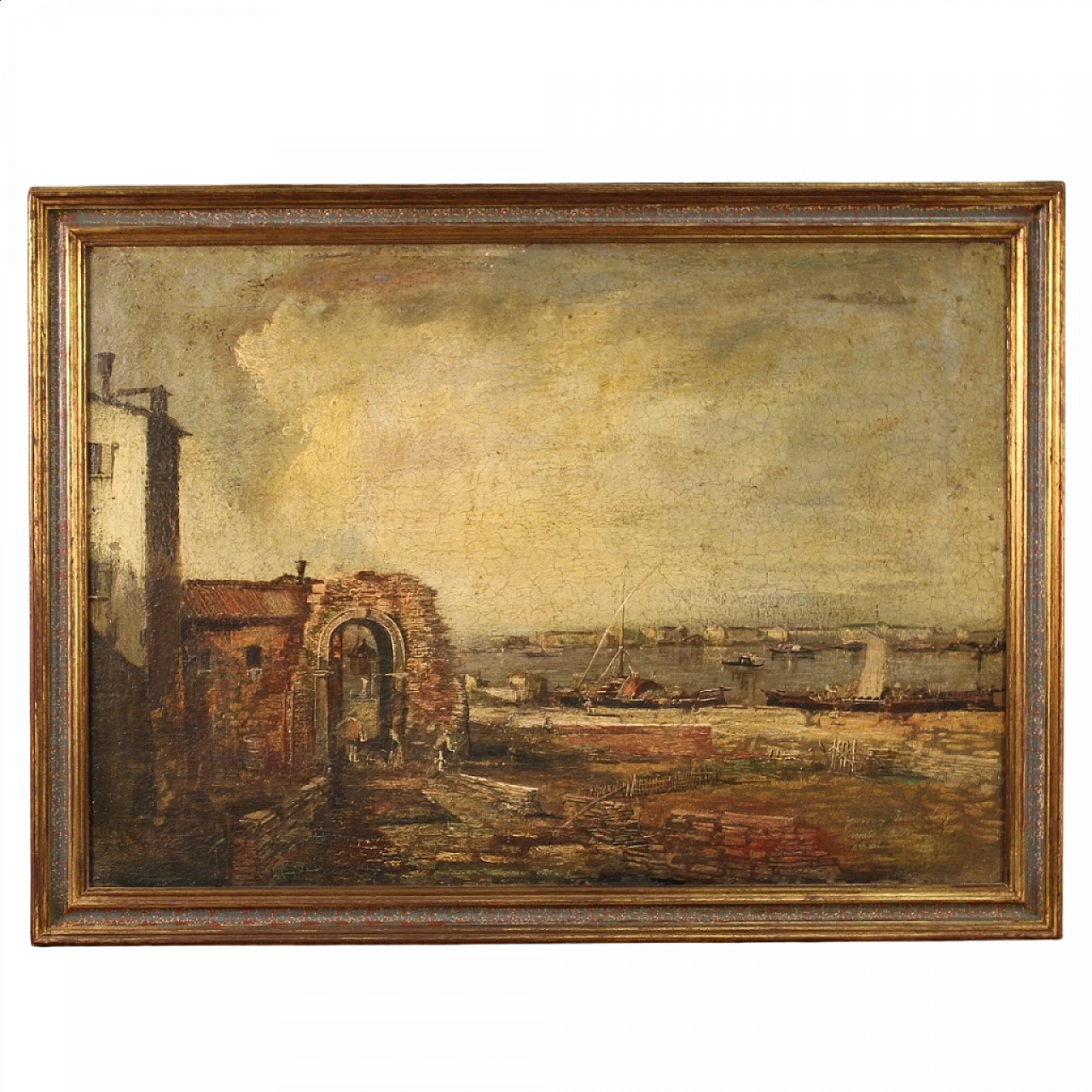 Paesaggio marino con pescatori e barche, olio su tela 16