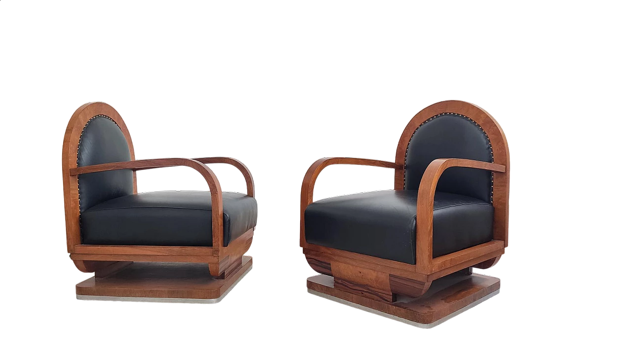 Pair of wooden and black leather armchairs, 1930s 9