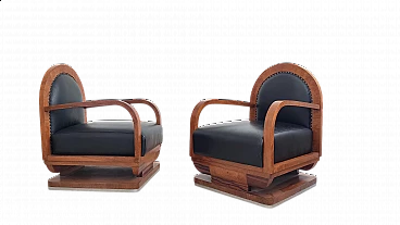 Pair of wooden and black leather armchairs, 1930s