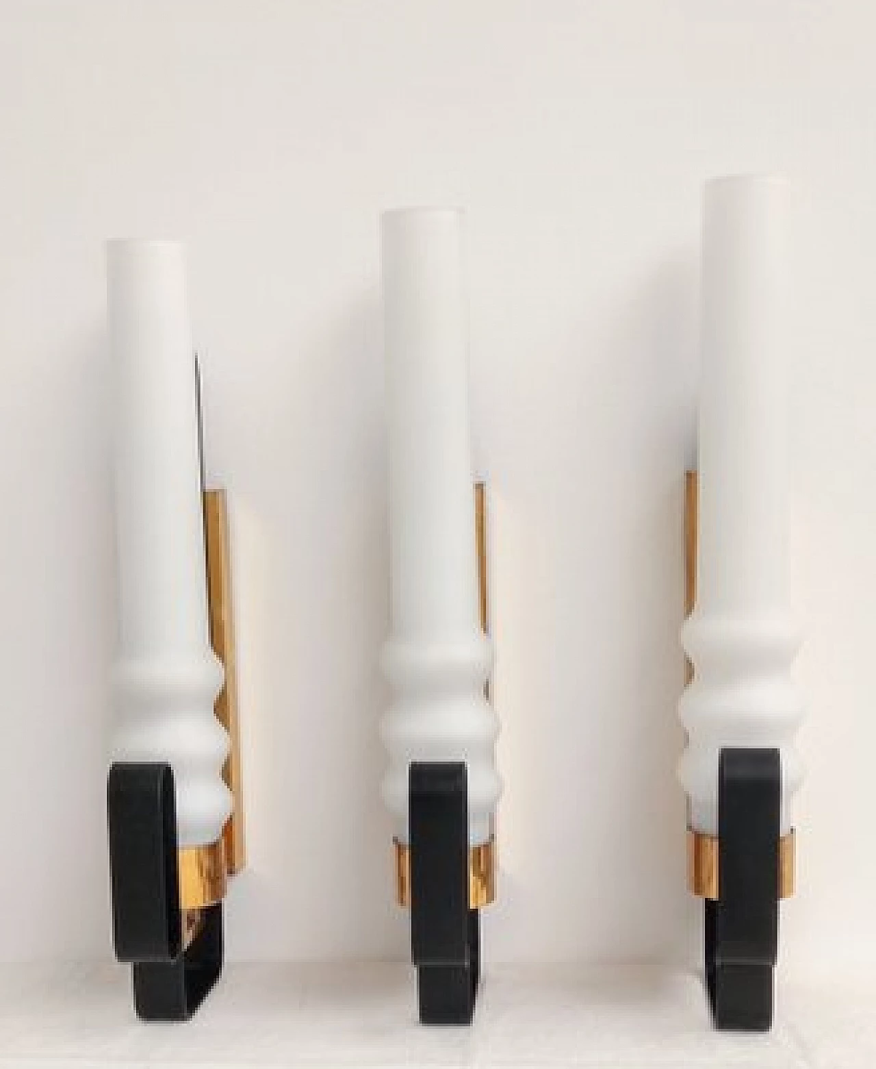 3 Wall lights in opaline glass, black metal and brass, 1960s 1