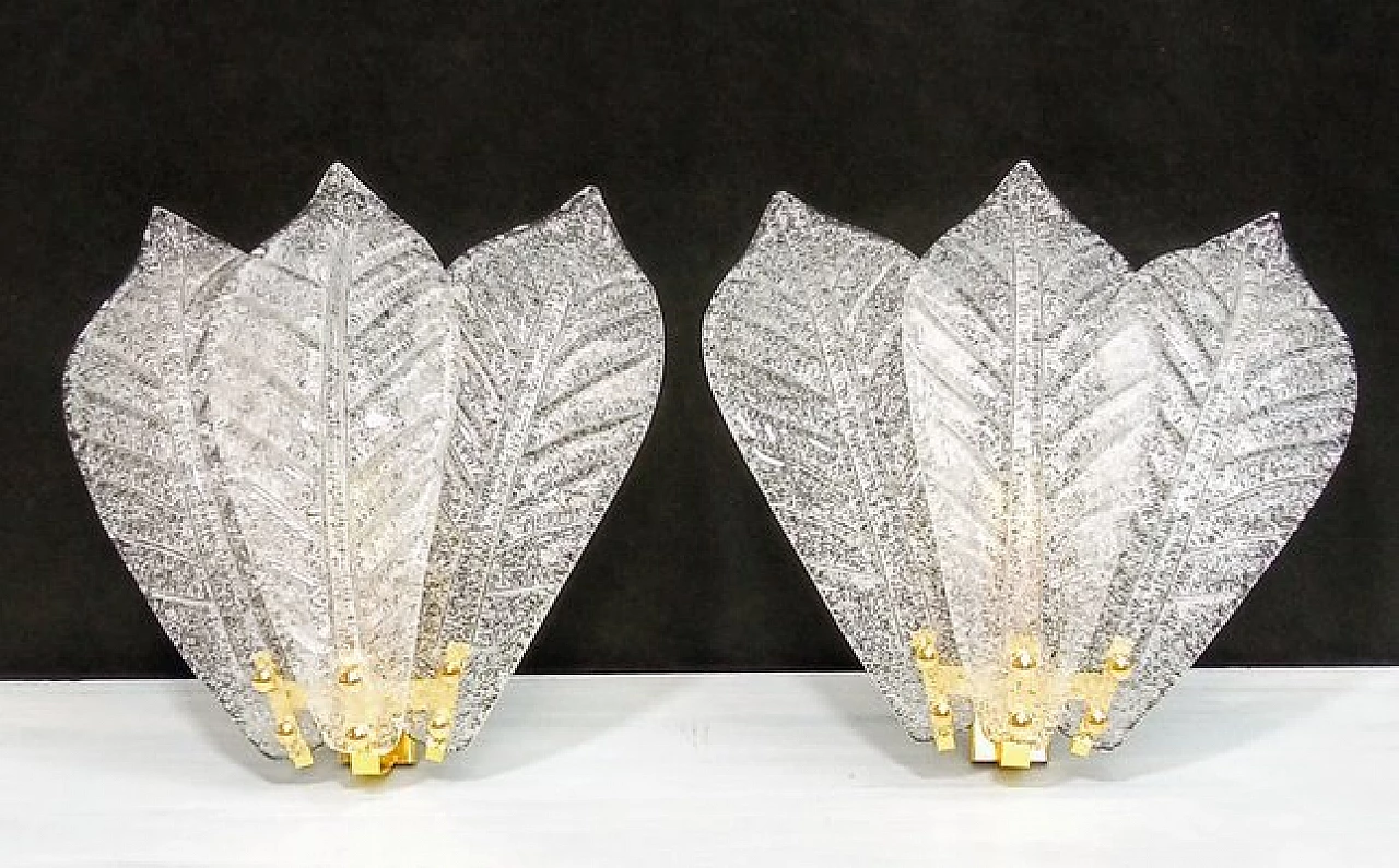 Pair of wall lights with Murano glass leaves, 1980s 1